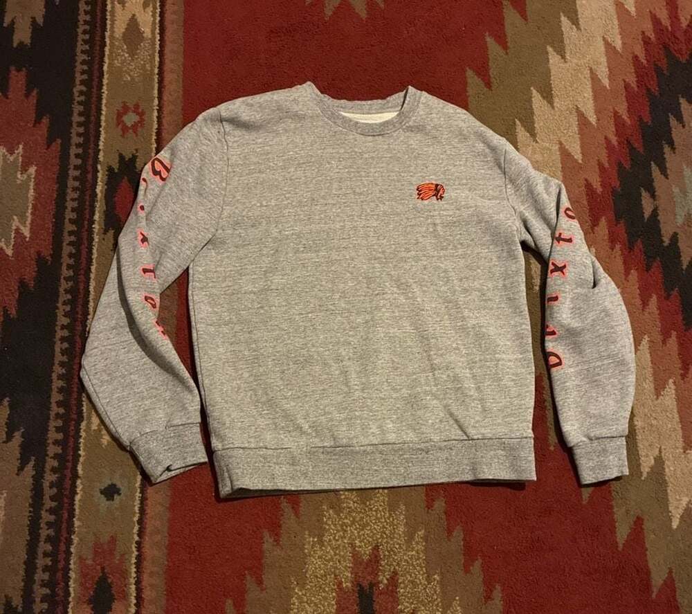 Brixton Gray Crewneck Sweatshirt with Orange Graphic Logo and Sleeve Print Size